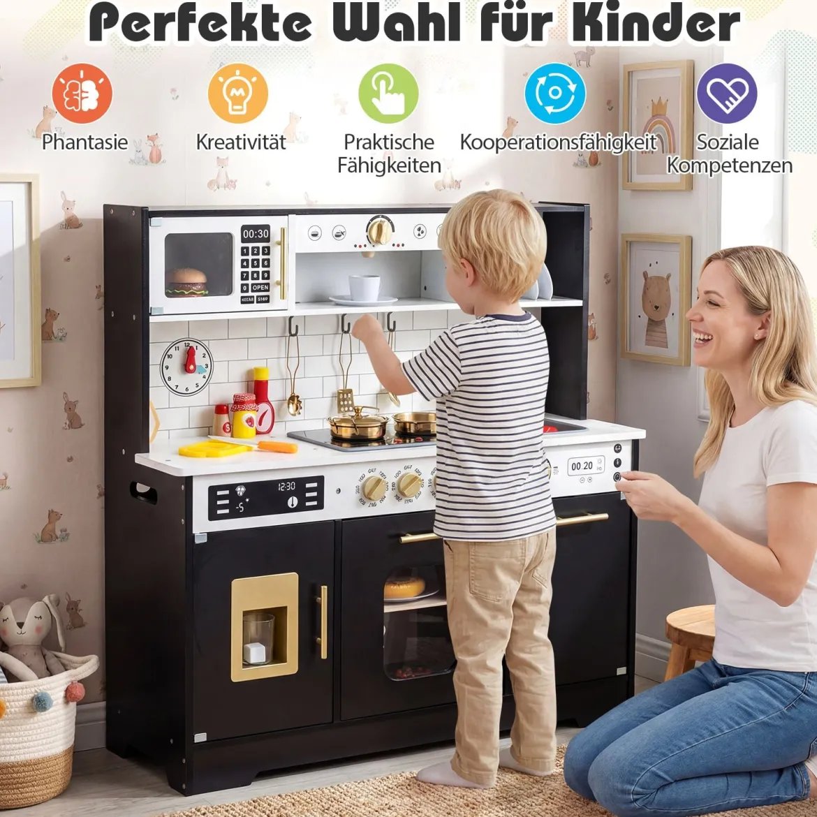 Kinderküche mit Licht & Sound Holz Spielküche mit Herd & Spüle Spielzeugküche inkl. 14 Zubehör Schwarz