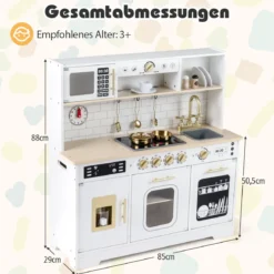 Kinderküche mit Licht & Sound Holz Spielküche mit Herd & Spüle Spielzeugküche inkl. 14 Zubehör Weiß