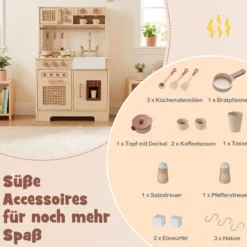 Kinderküche mit Licht & Sound Spielküche mit Herd & Mikrowelle Puppenküche Holzküche inkl. Zubehör