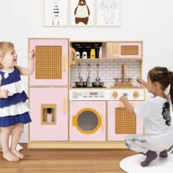 Kinderküche mit Rattantüren & Licht & Sound & Kühlschrank Spielküche Spielzeugküche Rosa