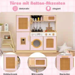 Kinderküche mit Rattantüren & Licht & Sound & Kühlschrank Spielküche Spielzeugküche Rosa