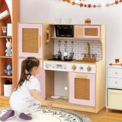 Kinderküche mit Rattantüren & Licht & Sound & Kühlschrank Spielküche Spielzeugküche Rosa