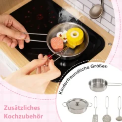 Kinderküche mit Rattantüren & Licht & Sound & Kühlschrank Spielküche Spielzeugküche Rosa