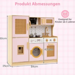 Kinderküche mit Rattantüren & Licht & Sound & Kühlschrank Spielküche Spielzeugküche Rosa