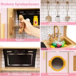 Kinderküche mit Rattantüren & Licht & Sound & Kühlschrank Spielküche Spielzeugküche Rosa