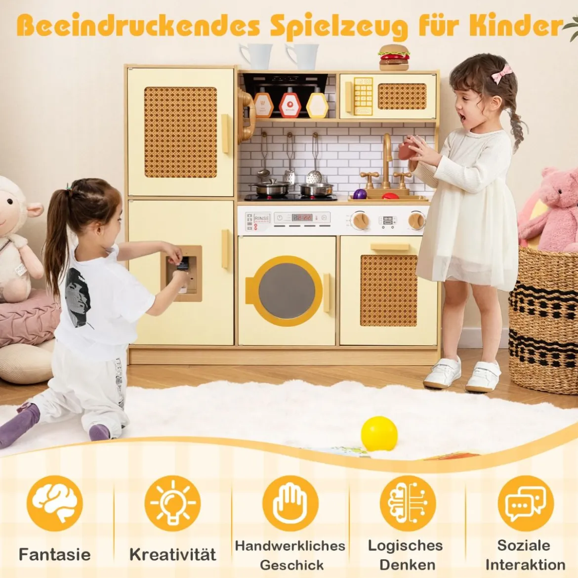 Kinderküche mit Rattantüren & Licht & Sound & Kühlschrank Spielküche Spielzeugküche Gelb