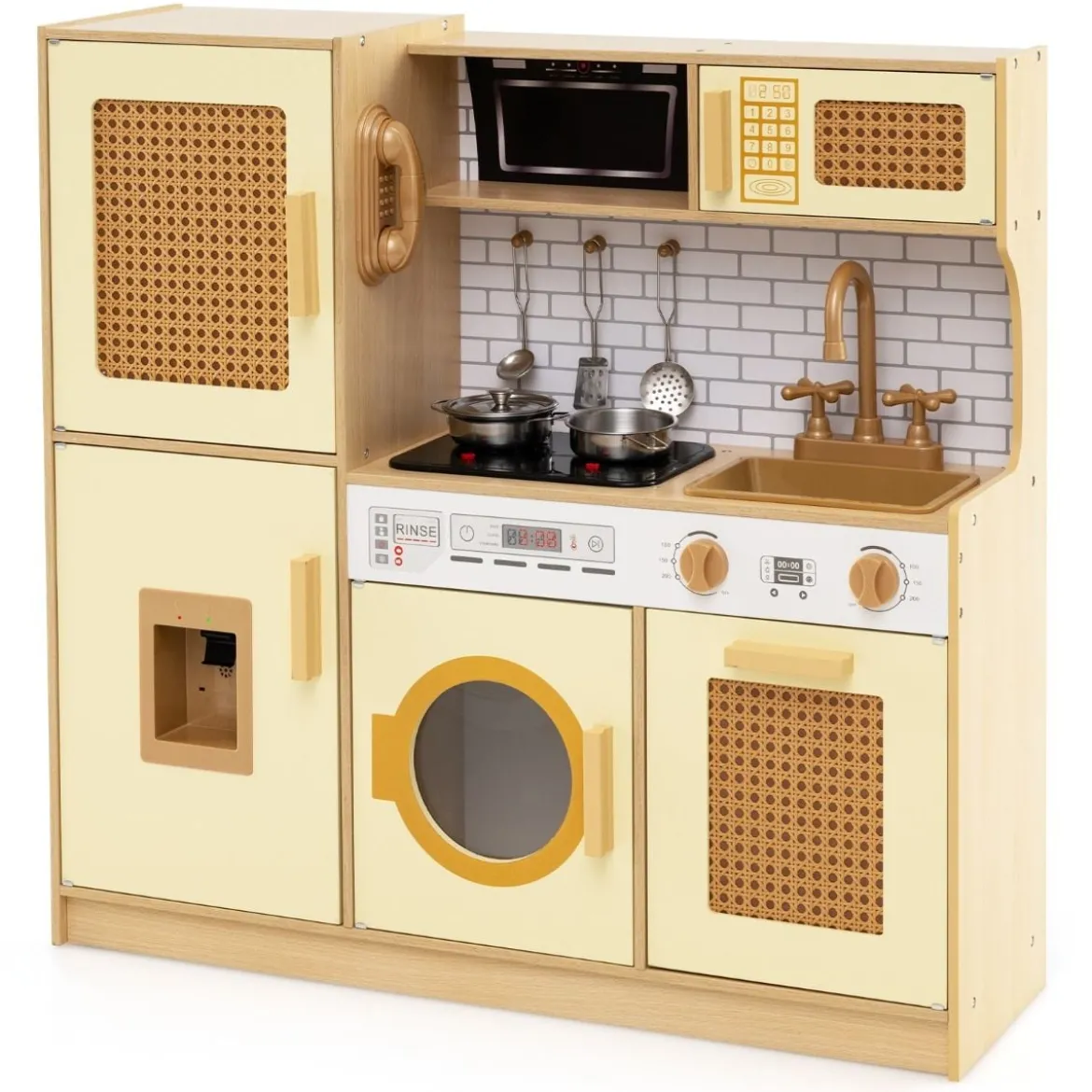 Kinderküche mit Rattantüren & Licht & Sound & Kühlschrank Spielküche Spielzeugküche Gelb