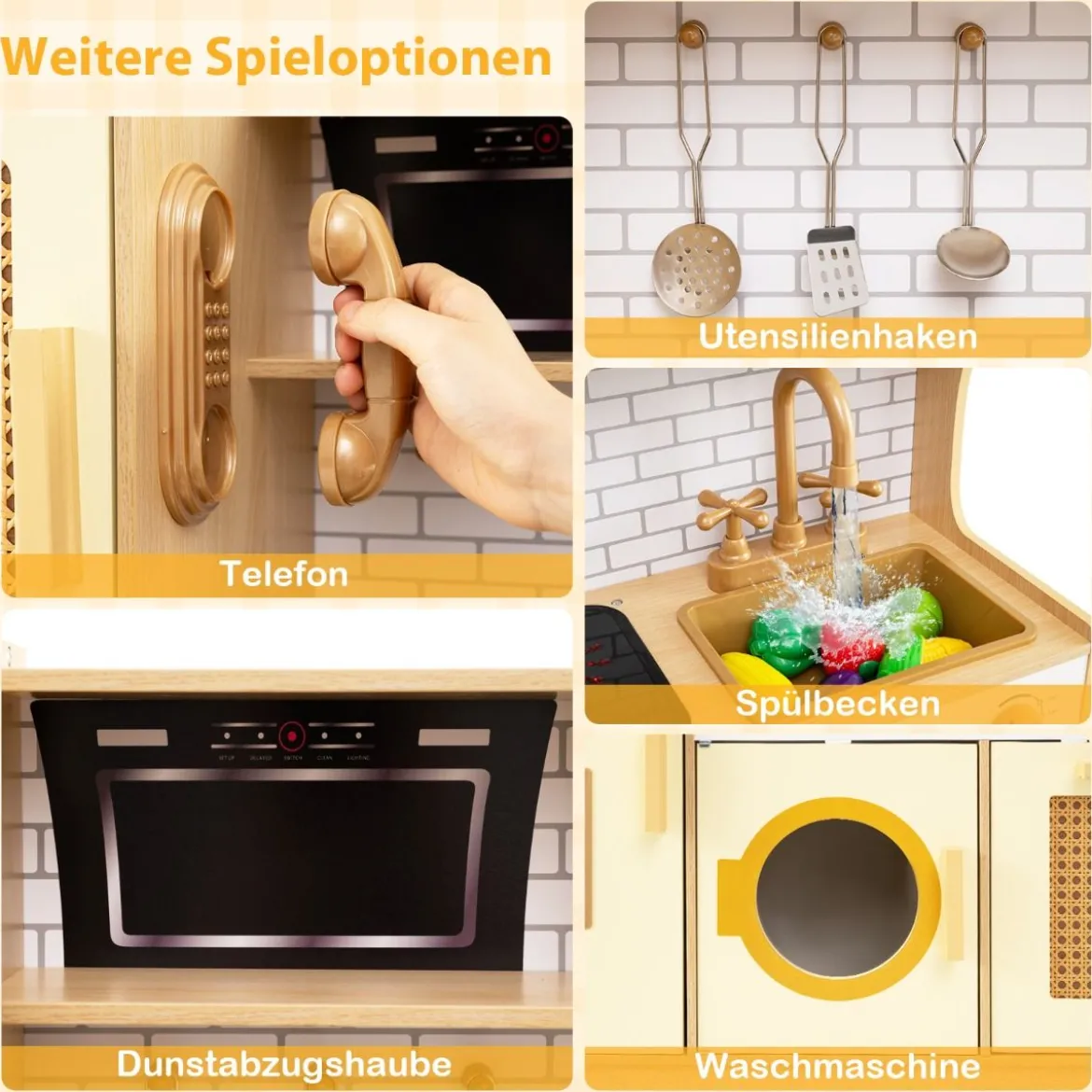 Kinderküche mit Rattantüren & Licht & Sound & Kühlschrank Spielküche Spielzeugküche Gelb