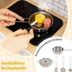 Kinderküche mit Rattantüren & Licht & Sound & Kühlschrank Spielküche Spielzeugküche Gelb