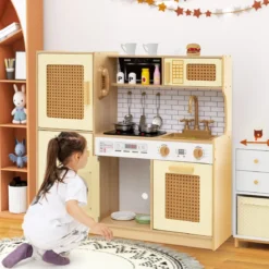 Kinderküche mit Rattantüren & Licht & Sound & Kühlschrank Spielküche Spielzeugküche Gelb