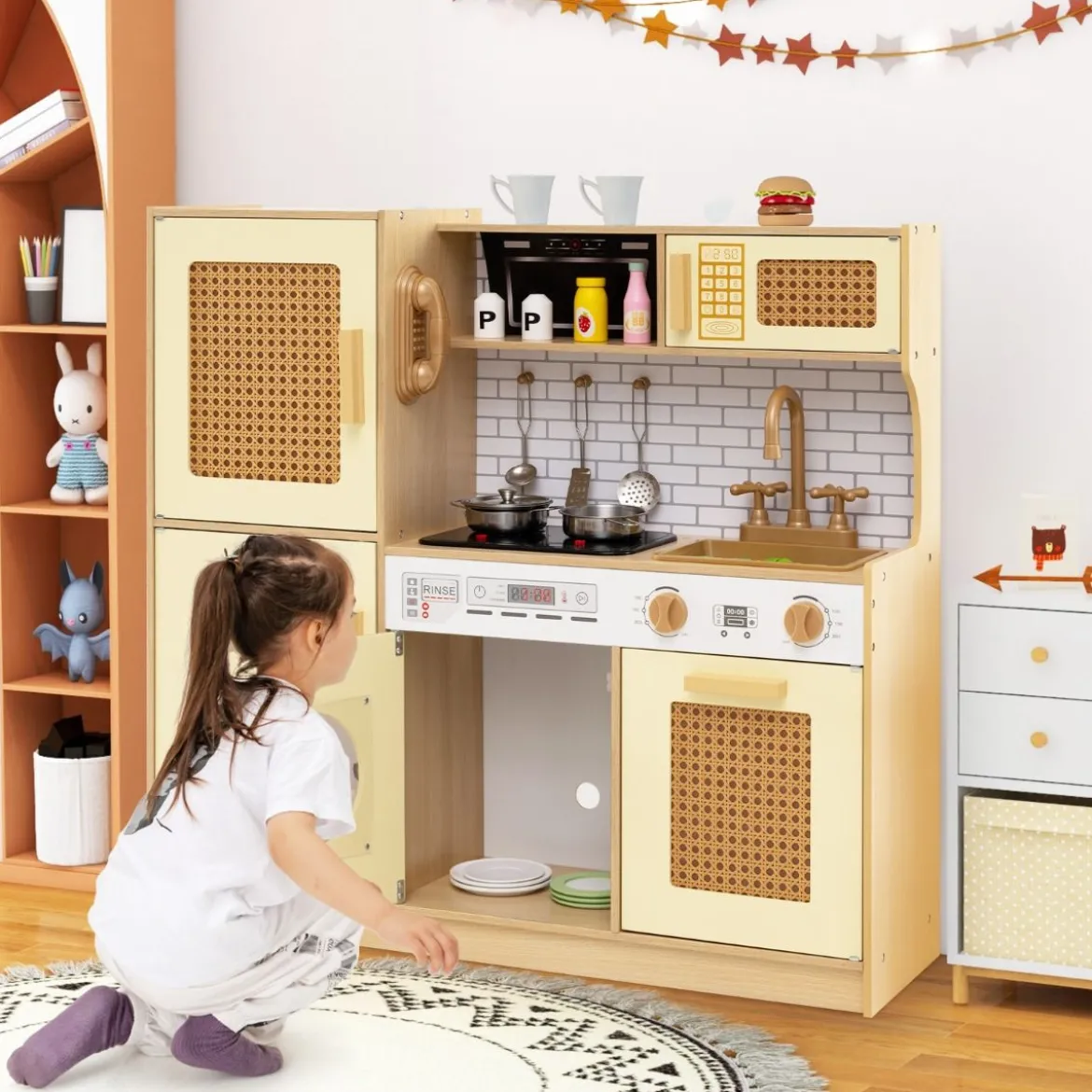Kinderküche mit Rattantüren & Licht & Sound & Kühlschrank Spielküche Spielzeugküche Gelb