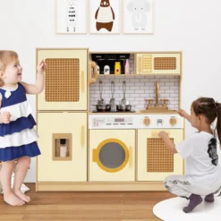 Kinderküche mit Rattantüren & Licht & Sound & Kühlschrank Spielküche Spielzeugküche Gelb