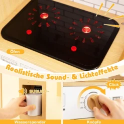 Kinderküche mit Rattantüren & Licht & Sound & Kühlschrank Spielküche Spielzeugküche Gelb
