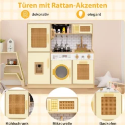 Kinderküche mit Rattantüren & Licht & Sound & Kühlschrank Spielküche Spielzeugküche Gelb