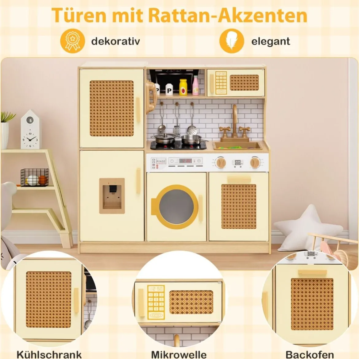 Kinderküche mit Rattantüren & Licht & Sound & Kühlschrank Spielküche Spielzeugküche Gelb