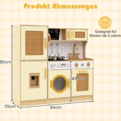 Kinderküche mit Rattantüren & Licht & Sound & Kühlschrank Spielküche Spielzeugküche Gelb