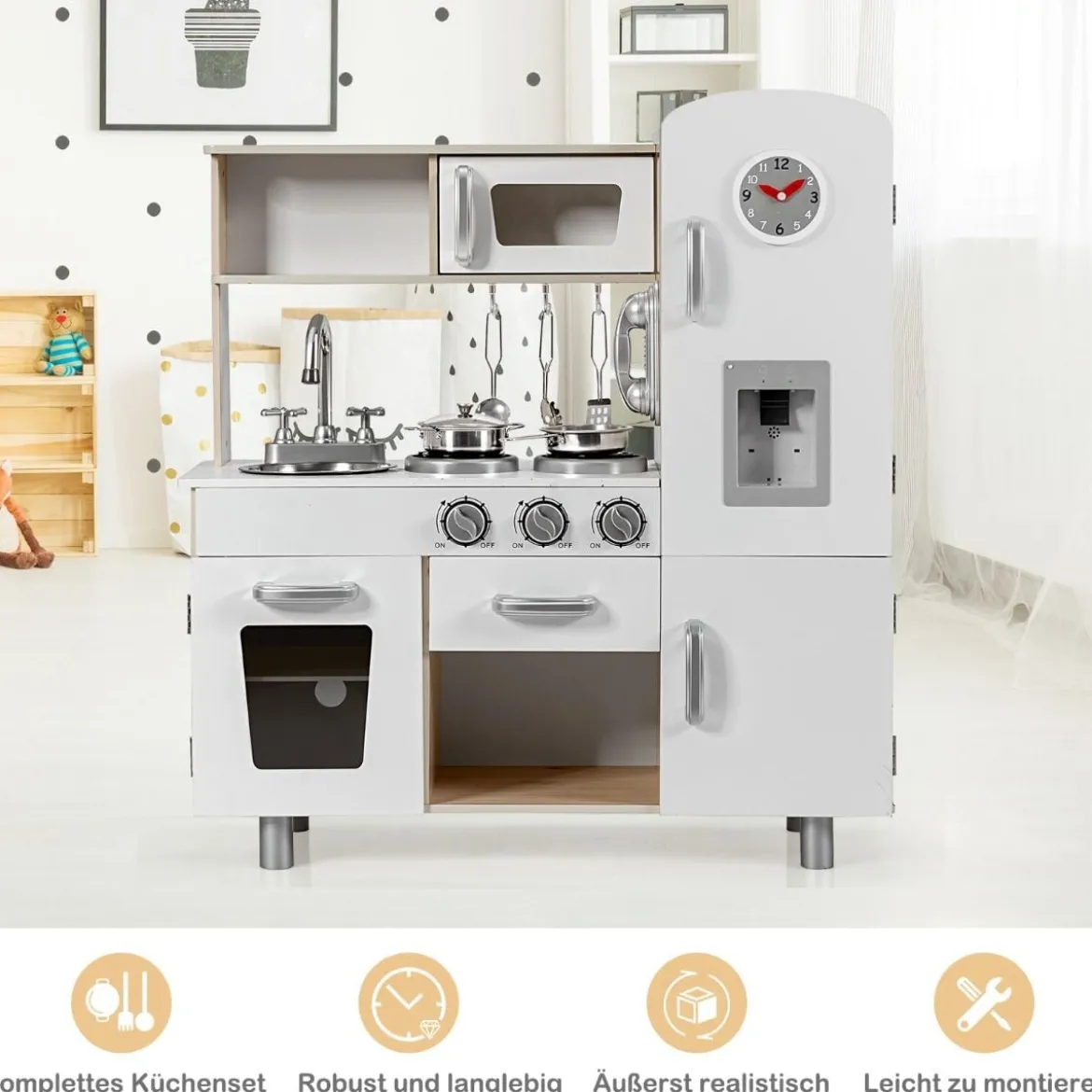 Kinderküche mit Realistischem Licht & Sound & Kühlschrank 72,5 x 29 x 81,5 cm Weiß