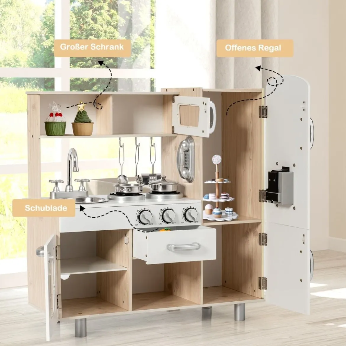 Kinderküche mit Realistischem Licht & Sound & Kühlschrank 72,5 x 29 x 81,5 cm Weiß