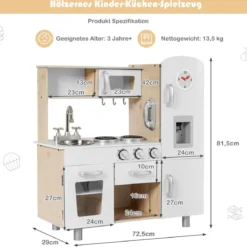 Kinderküche mit Realistischem Licht & Sound & Kühlschrank 72,5 x 29 x 81,5 cm Weiß