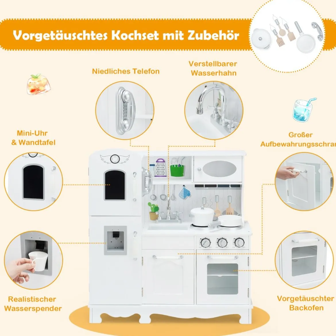 Kinderküche mit Realistischem Licht & Sound & Zubehöre 79 x 30 x 88,5 cm Weiß