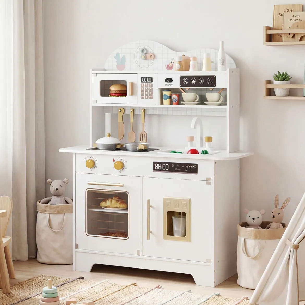 Kinderküche mit Stauraum & 17 Zubehörteilen Spielküche aus Holz Spielzeugküche Weiß