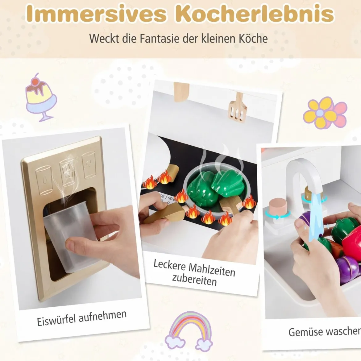 Kinderküche mit Stauraum & 17 Zubehörteilen Spielküche aus Holz Spielzeugküche Weiß