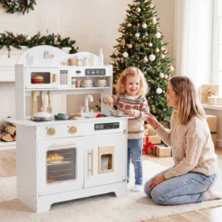Kinderküche mit Stauraum & 17 Zubehörteilen Spielküche aus Holz Spielzeugküche Weiß
