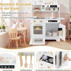 Kinderküche mit Stauraum & 17 Zubehörteilen Spielküche aus Holz Spielzeugküche Weiß