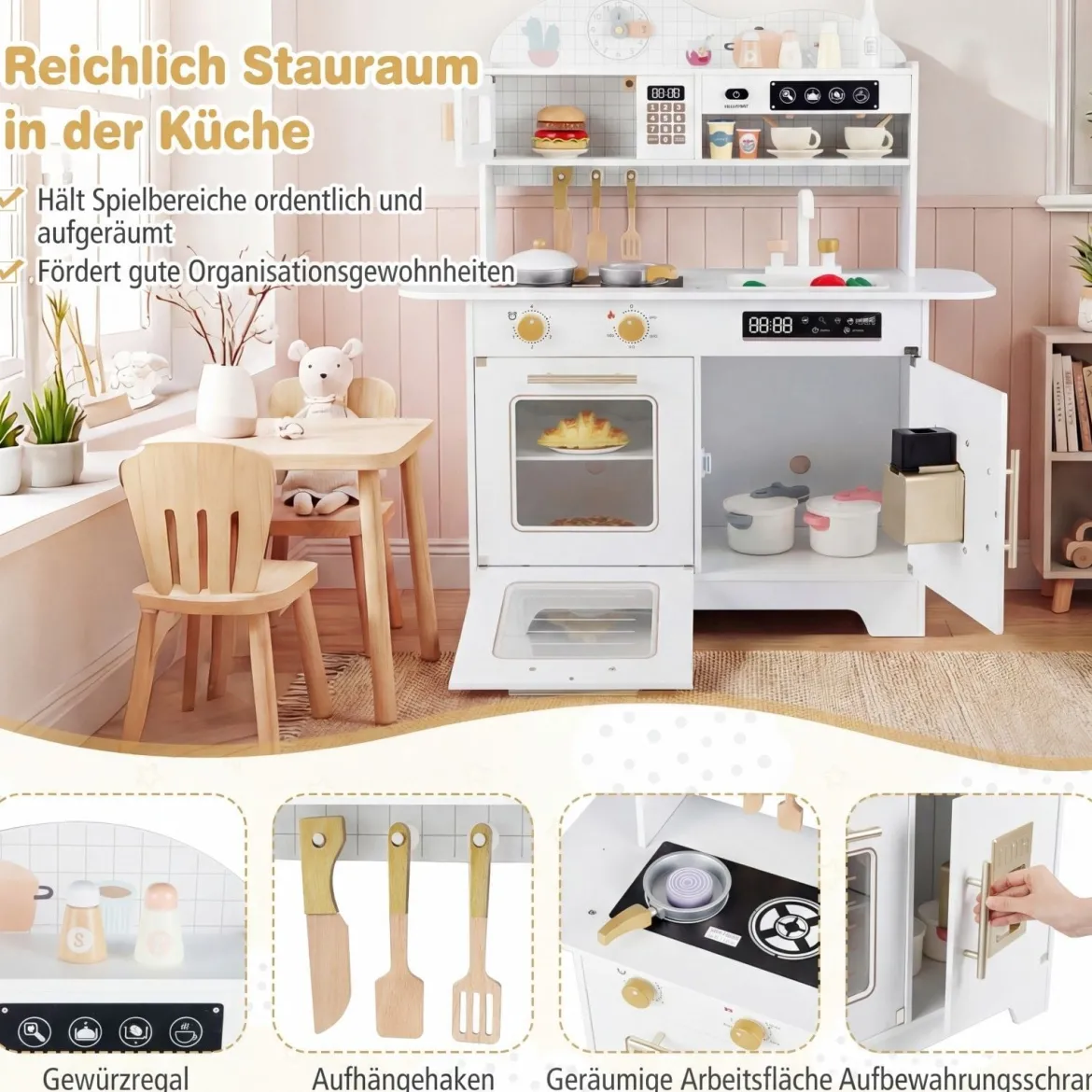 Kinderküche mit Stauraum & 17 Zubehörteilen Spielküche aus Holz Spielzeugküche Weiß