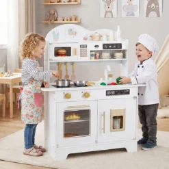Kinderküche mit Stauraum & 17 Zubehörteilen Spielküche aus Holz Spielzeugküche Weiß