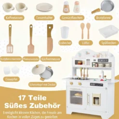 Kinderküche mit Stauraum & 17 Zubehörteilen Spielküche aus Holz Spielzeugküche Weiß