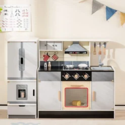 Kinderküche mit Trennbaren Kühlschrank & Lichter & Musik & Sound & 12 Zubehör Kühlschrank