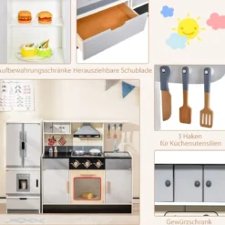 Kinderküche mit Trennbaren Kühlschrank & Lichter & Musik & Sound & 12 Zubehör Kühlschrank