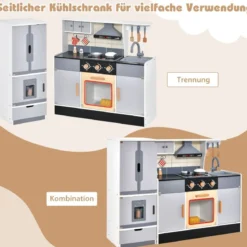 Kinderküche mit Trennbaren Kühlschrank & Lichter & Musik & Sound & 12 Zubehör Kühlschrank