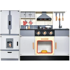 Kinderküche mit Trennbaren Kühlschrank & Lichter & Musik & Sound & 12 Zubehör Kühlschrank