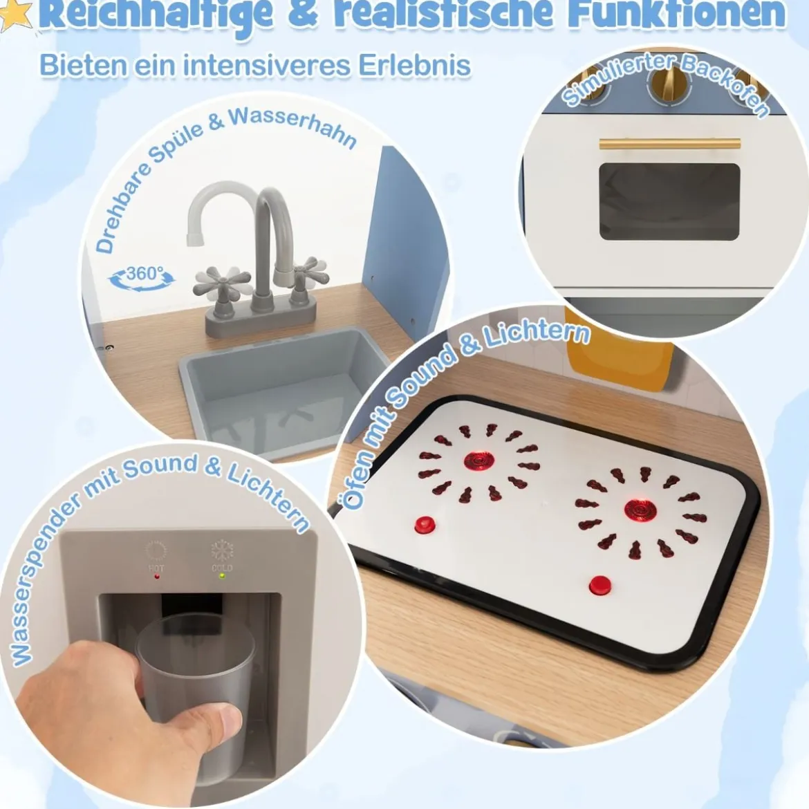 Kinderküche mit Vorhängen & Herd & Spüle & Ofen & Wasserspender Spielküchefür Kinder ab 3 J.