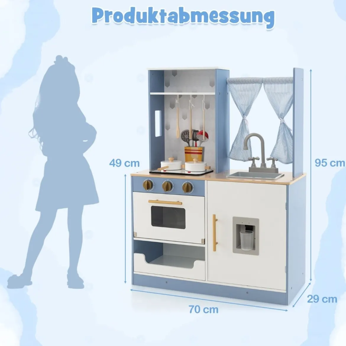Kinderküche mit Vorhängen & Herd & Spüle & Ofen & Wasserspender Spielküchefür Kinder ab 3 J.