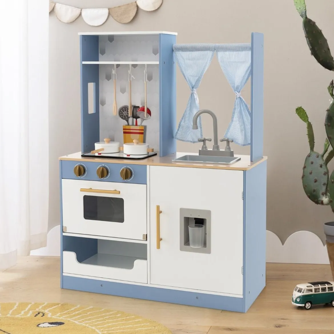 Kinderküche mit Vorhängen & Herd & Spüle & Ofen & Wasserspender Spielküchefür Kinder ab 3 J.