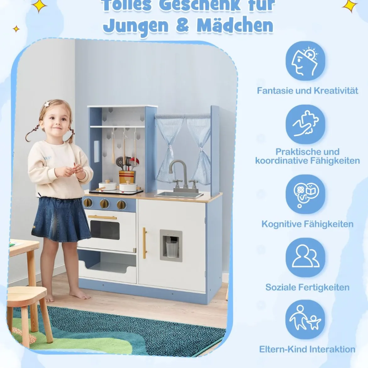 Kinderküche mit Vorhängen & Herd & Spüle & Ofen & Wasserspender Spielküchefür Kinder ab 3 J.