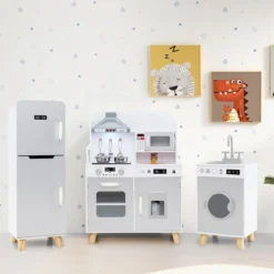 Kinderküche mit Zubehör 3 in 1 Kinder Küche Holz mit Kühlschrank & Waschmaschine Braun/Grau