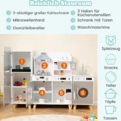 Kinderküche mit Zubehör 3 in 1 Kinder Küche Holz mit Kühlschrank & Waschmaschine Braun/Grau
