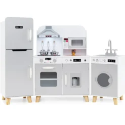 Kinderküche mit Zubehör 3 in 1 Kinder Küche Holz mit Kühlschrank & Waschmaschine Braun/Grau