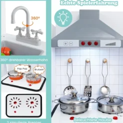 Kinderküche mit Zubehör 3 in 1 Kinder Küche Holz mit Kühlschrank & Waschmaschine Braun/Grau