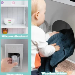 Kinderküche mit Zubehör 3 in 1 Kinder Küche Holz mit Kühlschrank & Waschmaschine Braun/Grau
