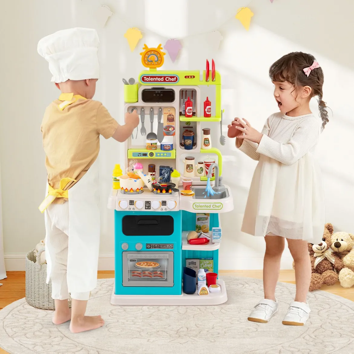 Kinderküche mit 54 Zubehör Spielküche PuppenkücheSpielzeugküche für Kinder ab 3 Jahren Blau