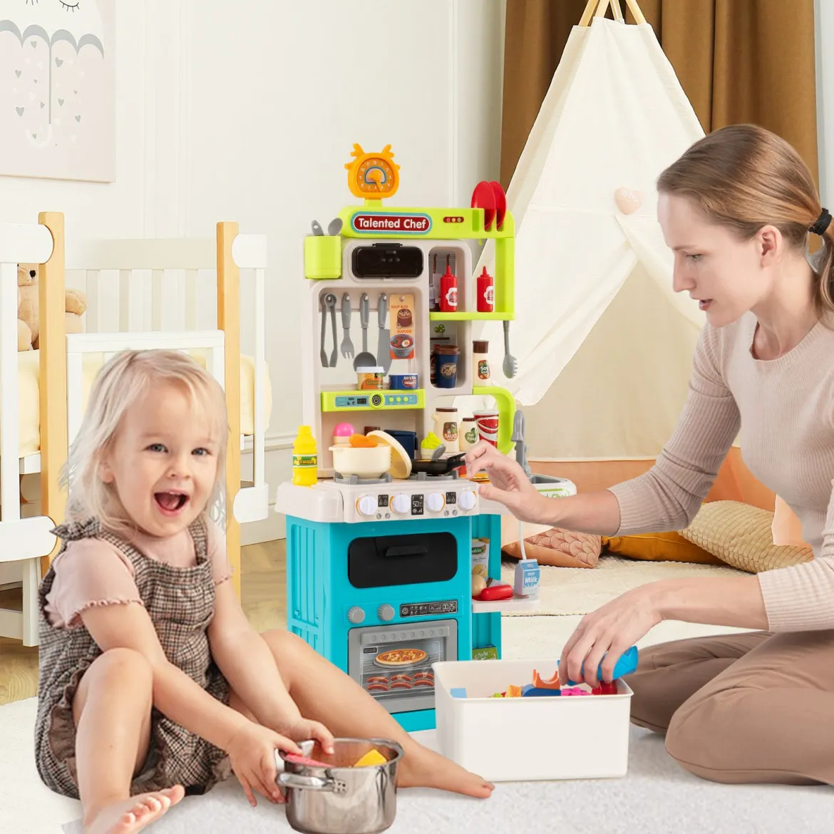 Kinderküche mit 54 Zubehör Spielküche PuppenkücheSpielzeugküche für Kinder ab 3 Jahren Blau