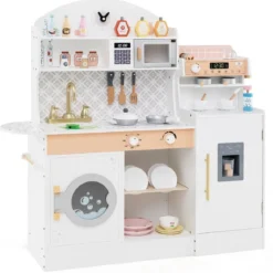 Kinderküche mit 27 Zubehör Spielküche Holz mit Uhr Mikrowelle Braun/Rosa/Weiß