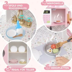 Kinderküche mit 27 Zubehör Spielküche Holz mit Uhr Mikrowelle Braun/Rosa/Weiß