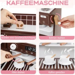 Kinderküche mit 27 Zubehör Spielküche Holz mit Uhr Mikrowelle Braun/Rosa/Weiß