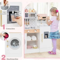 Kinderküche mit 27 Zubehör Spielküche Holz mit Uhr Mikrowelle Braun/Rosa/Weiß